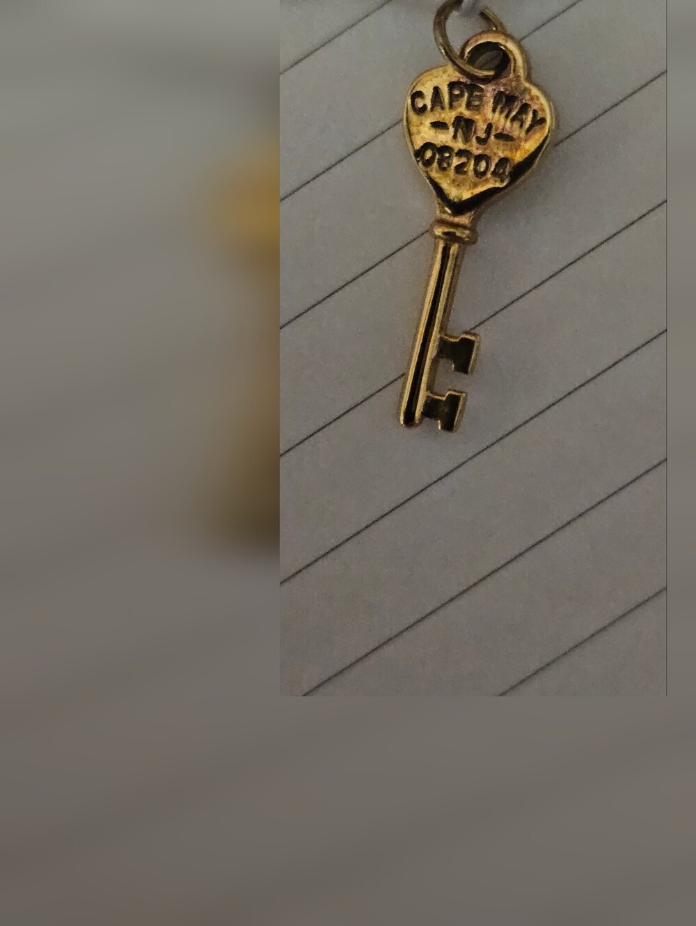 Gold Heart Key Charm Pendant - Cape May NJ Detail